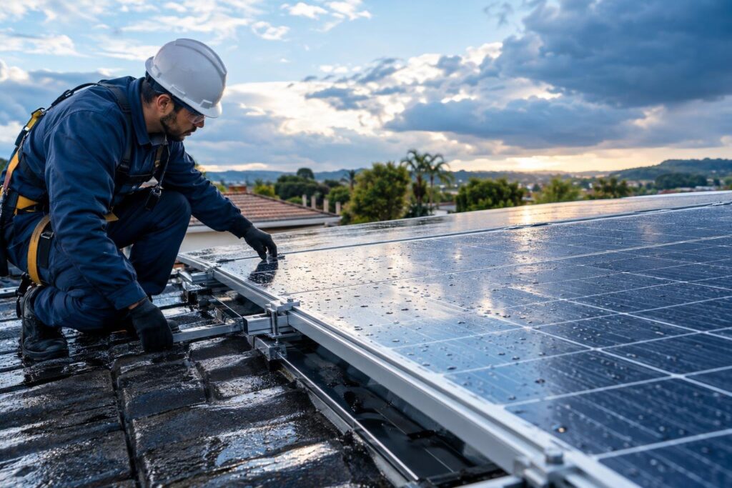 Técnico inspeciona painéis solares em telhado residencial após chuva.