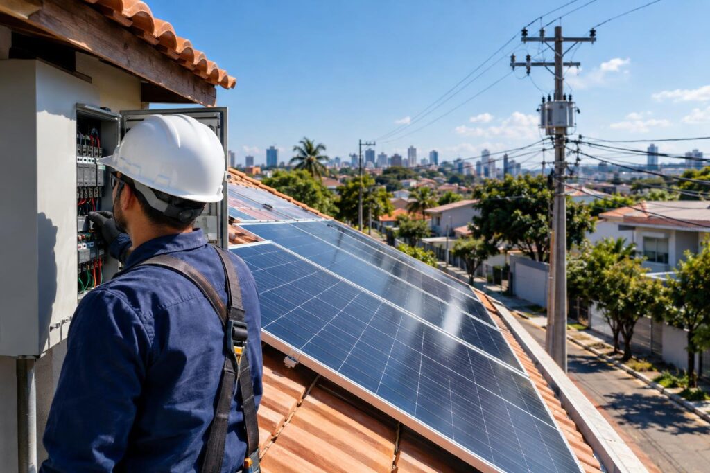 Telhado com painéis solares e rede elétrica urbana ao fundo em dia ensolarado