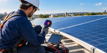 Técnico analisa painéis solares com equipamento de medição em inspeção preventiva.