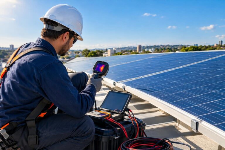 Técnico analisa painéis solares com equipamento de medição em inspeção preventiva.