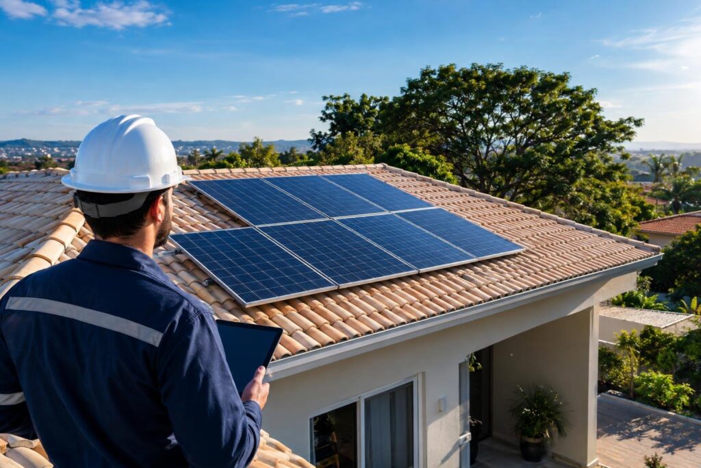 Técnico avalia telhado residencial com painéis solares e áreas livres de sombra.