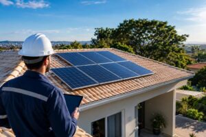 Técnico avalia telhado residencial com painéis solares e áreas livres de sombra.