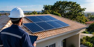 Técnico avalia telhado residencial com painéis solares e áreas livres de sombra.