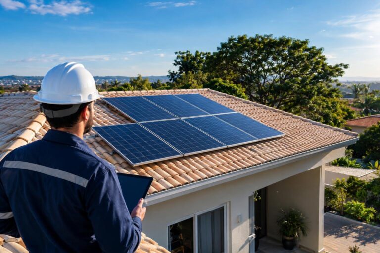 Técnico avalia telhado residencial com painéis solares e áreas livres de sombra.
