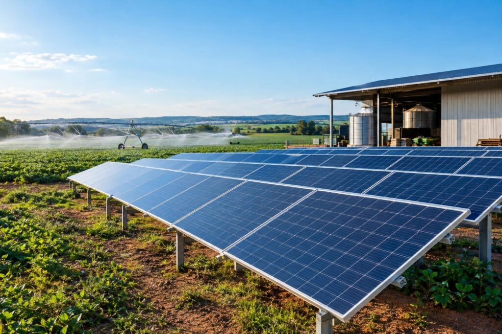 Painéis solares em propriedade rural com galpão agrícola e irrigação ao fundo