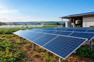 Painéis solares em propriedade rural com galpão agrícola e irrigação ao fundo