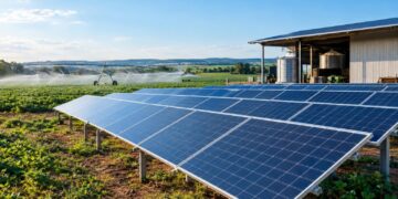 Painéis solares em propriedade rural com galpão agrícola e irrigação ao fundo