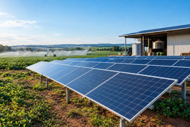 Painéis solares em propriedade rural com galpão agrícola e irrigação ao fundo