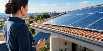 Pessoa analisa projeto financeiro diante de telhado com painéis solares instalados