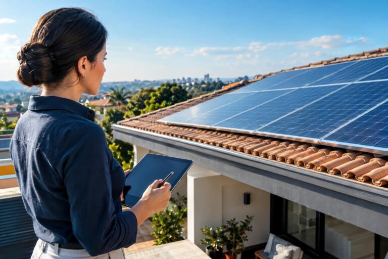 Pessoa analisa projeto financeiro diante de telhado com painéis solares instalados