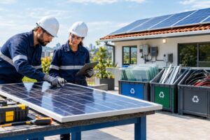 Técnicos avaliam painéis solares com materiais separados para reciclagem ao fundo.