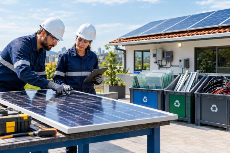 Técnicos avaliam painéis solares com materiais separados para reciclagem ao fundo.