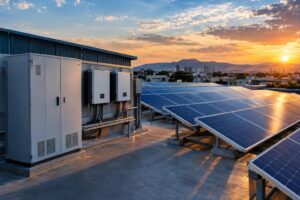 Painéis solares e gabinete de baterias em instalação fotovoltaica brasileira