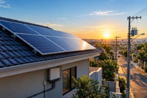 Telhado brasileiro com painéis solares conectados à rede de distribuição elétrica.