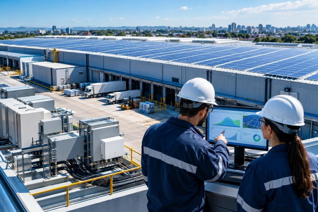 Telhado industrial com painéis solares e técnicos monitorando energia em ambiente limpo