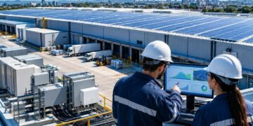Telhado industrial com painéis solares e técnicos monitorando energia em ambiente limpo