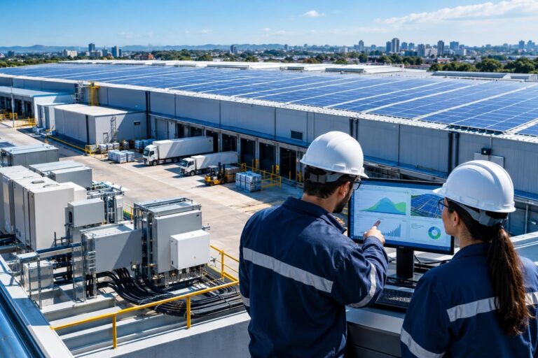 Telhado industrial com painéis solares e técnicos monitorando energia em ambiente limpo