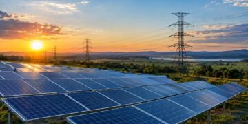 Usina solar com linhas de transmissão ao fundo em paisagem brasileira sob luz natural