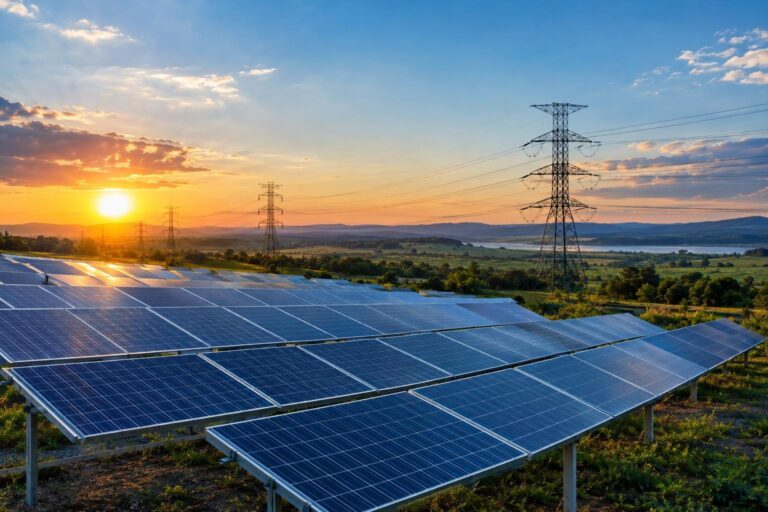 Usina solar com linhas de transmissão ao fundo em paisagem brasileira sob luz natural